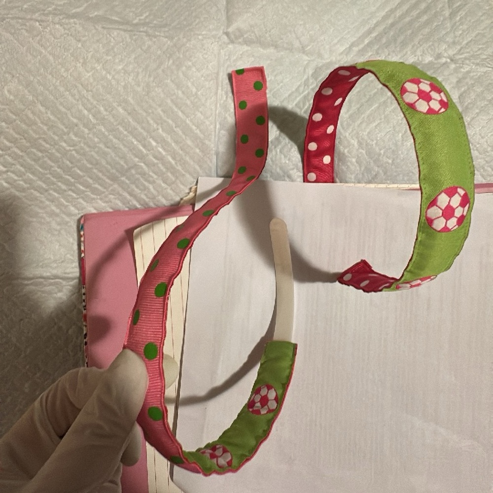 Green&Pink Polka Dot soccer themed novelty ribbon reversible headbands